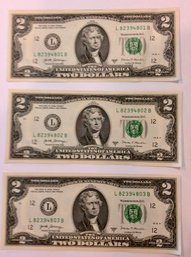 (3) Uncirculated Consecutive Serial Numbers 2017 $2 Bills
