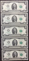 (5) Uncirculated 2017 Crisp $2 Bills Consecutive Serial Numbers