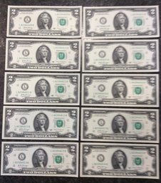 (10) Beautiful Uncirculated Consecutive Numbered 2017 $2 Bills