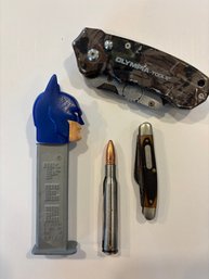 Vintage Pez, Two Knives, And A Razor Cutter