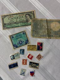 Collection Of Vintage Foreign Money And Stamps