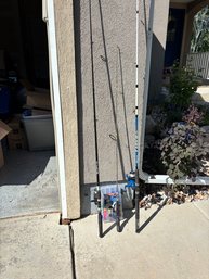 3 Fishing Rods And Tackle Box With Fishing Stuff