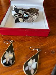 Alpaca Mexico Southwestern Abalone Shell Inlay Cuff Bracelet With Matching Earrings