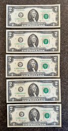 5- $2 Dollar Bills With Consecutive Serial Numbers