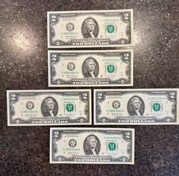 5- $2 Dollar Bills With Consecutive Serial Numbers Uncirculated 2017