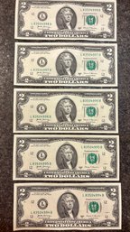 Mint Issued , Uncirculated $2 Consecutive Serial Numbers (5)