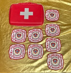 Chelsea, Michigan Fire And Rescue Patches (7) With First Aid Pouch (empty)