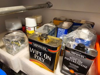 Large Lot Of Waxes, Polyurethane, Adhesives And Other Wood Working Fluids