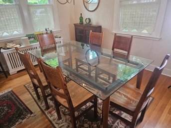 Mid-century Style Glass Top Table And Traditional Oak Chairs