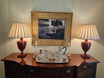 Pair Of Burgundy And Gold Urn Shaped Lamps