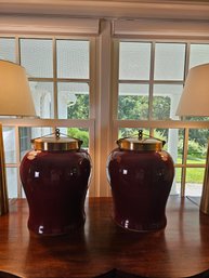 Pair Of Blood Red Urns/Ginger Jars With Brass Accents