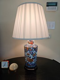 Pair Of Brightly Colored Floral Asian Lamps With Pleated Shade