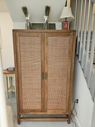 Crate And Barrell Teak And Rattan Storage Cabinet