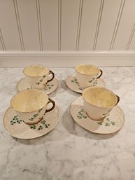 Antique Belleek Teacups And Saucers In The Shamrock Pattern