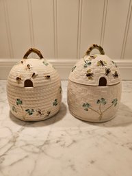 Pair Of Belleek Honeypots Shamrock Pattern