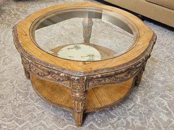 Beautiful Circular Coffee Table - Wood Glass And Marble Perimeter