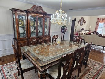 Spectacular Dining Room Set, Hutch And Accent Tables - Hand Carved Rosewood And Mother Of Pearl From India