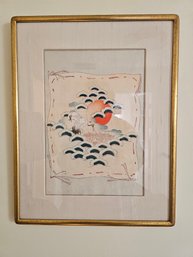 Gilt Framed Vintage Nishiki-e Japanese Polychrome Woodblock Prints (Cranes & Fledglings In Nest, Rising Sun)