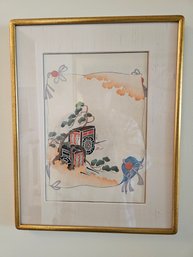 Gilt Framed Vintage Nishiki-e Japanese Polychrome Woodblock Prints (Traditional Japanese Cart Or Carriage))