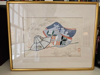 Gilt Framed Vintage Nishiki-e Japanese Polychrome Woodblock Prints (Traditional Japanese Hats)