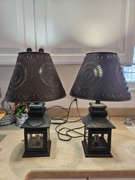 Pair Of Black Lantern Style Perforated Shade Lamps