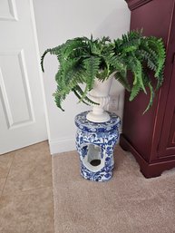 Blue And White Plant Stand And Fake Plant
