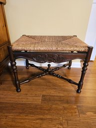Nice Rush Seat Bench With Turned Legs And Carved Apron