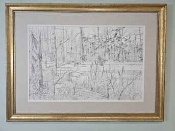 Beautifully Framed Landscape Done In Pen By R. E. Christian 1993