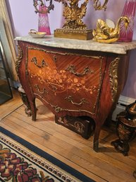 Louis XV Style Bombe Chest With Floral Marquetry And Marble Top