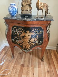 Louis XV Style Bombe Chest With Black Marble Top And Marquetry Inlay
