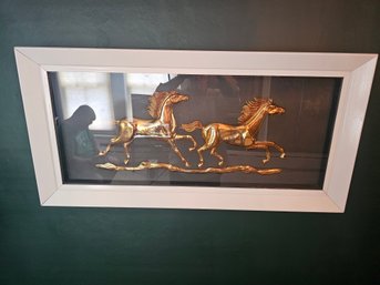 Large Metal Sculpture/relief Of Brass Horses Under Glass Frame