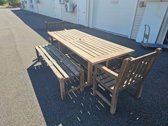 Gorgeous Teak Table With Two Arm Chairs And Two Benches