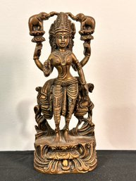 Bronze Hindu Goddess Lakshmi Flanked By Two Elephants