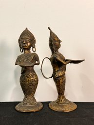 Pair Of Indian Brass Deepalakshmi / Oil Lamps