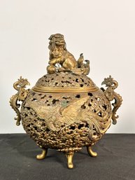 Brass Or Bronze Dragon And Foo Dog Incense Burner