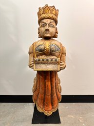 Beautiful Wood Sculpture Of An Indian Or Indonesian Woman/temple Attendant