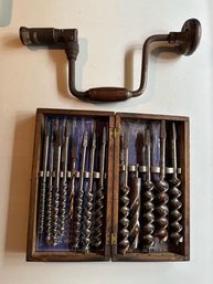 Vintage Drill With Wood Box With Drill Bits