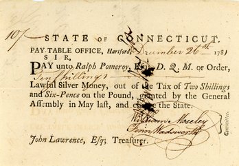 Revolutionary War Payment Note: 1781 Connecticut (William Adams)