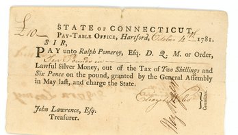 Revolutionary War Payment Note: 1781 Connecticut (Possibly Eleazer Wales)