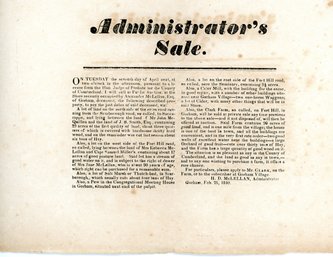 Antique Document Auction Small Broadside Administrator's Sale 1840 Advertising Gorham ME