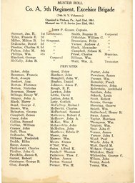 Civil War Document: Muster Roll Broadside Co. A 5th Reg't Of Excelsior Brigade NY 74th