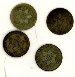 Coins: Silver Three Cent Coins 1852 1853(QTY 4)