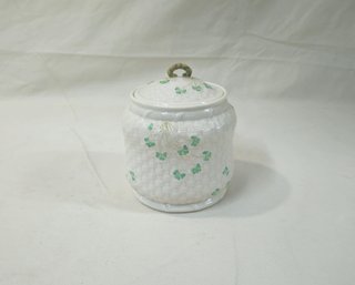 Vintage Belleek Pottery Shamrock Biscuit Barrel/Cookie Jar With Lid