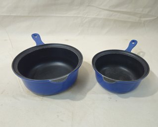 Vintage Cousances Blue Enamel #18 & #22 Cast Iron Saucepans Group