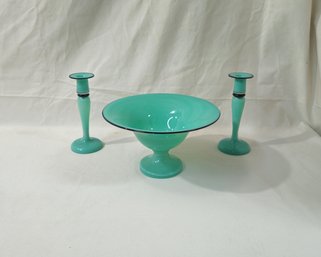 Vintage Art Glass Compote & Candlesticks Set