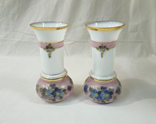 Pair Of Antique 19th Century Victorian Hand Painted Opalware Glass Vases