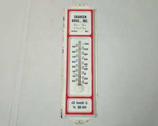 Vintage Shaheen Bros., Inc., Lawrence, Mass. Pressed Tin Advertising Thermometer