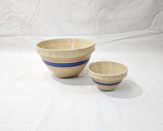 Vintage Yellow Ware Pink & Blue Band Stripes Mixing Bowls