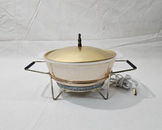 Vintage AH Fire King Peach Luster 2qt. Round Casserole With Metal Lid & Electric Warmer