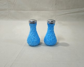 Antique Fostoria Scroll Mosaic Opaque Blue Milk Glass Salt & Pepper Shakers Set